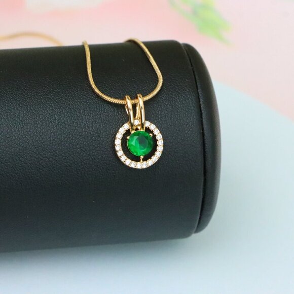 "Round Green Pendant with Halo Stones in Gold Finish for Elegant Look, XPPT1714 - Picture 5 of 13